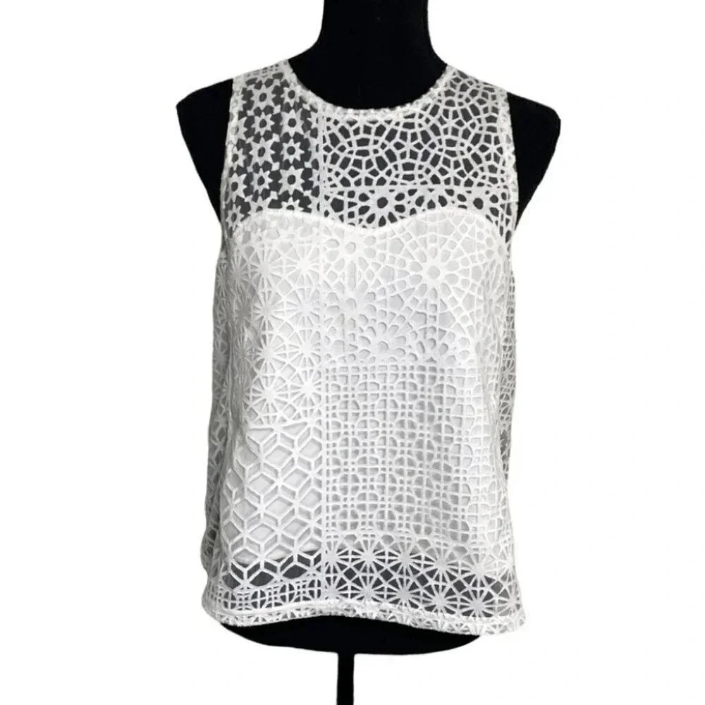 RVCA Tank Top S White Geometric Lace Eyelet Sleeveless Boho Festival WE904LEY